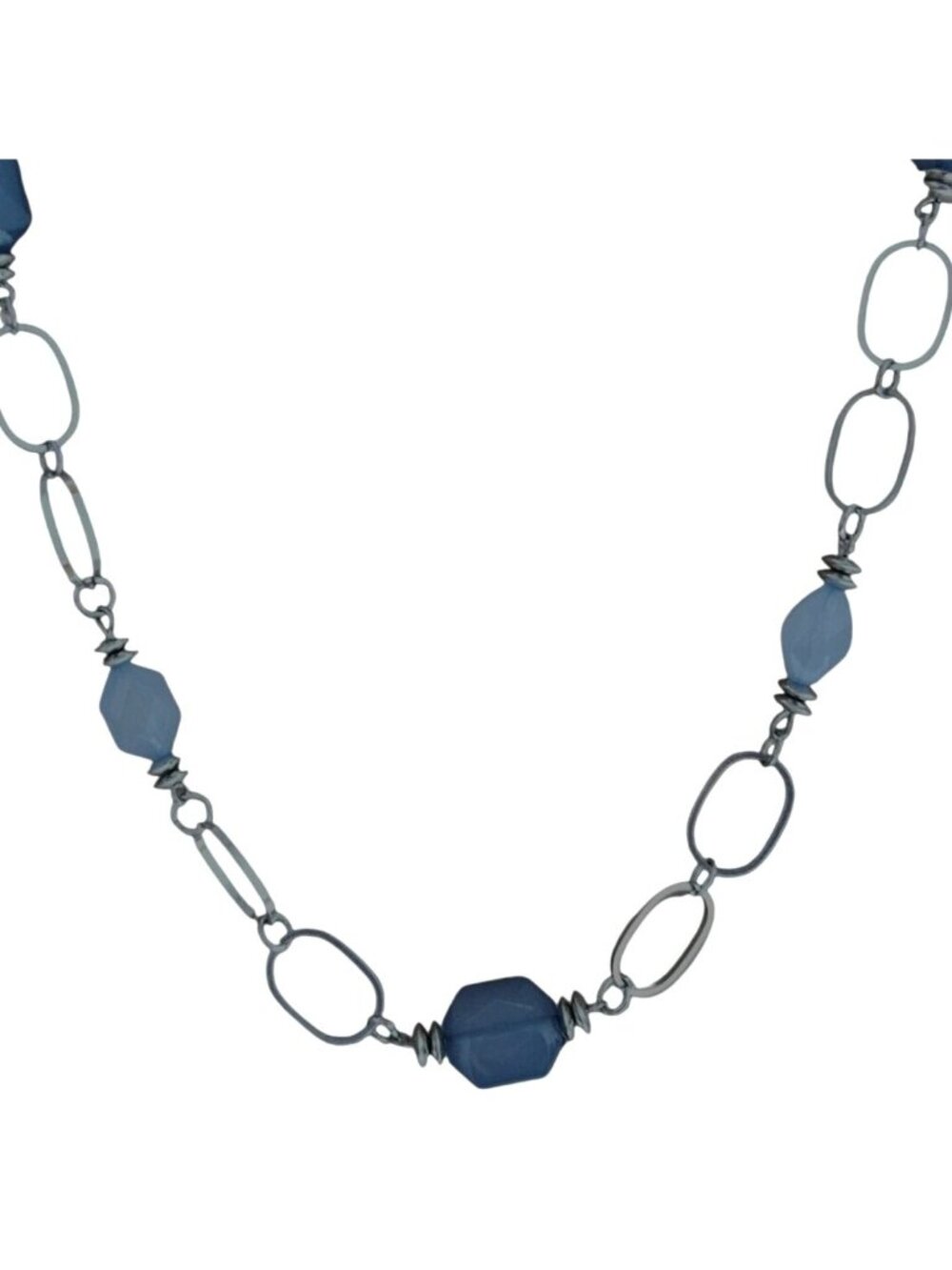Retro Chunky Statement Necklace Blue Beads Silver Tone Chain Fashion Jewelry